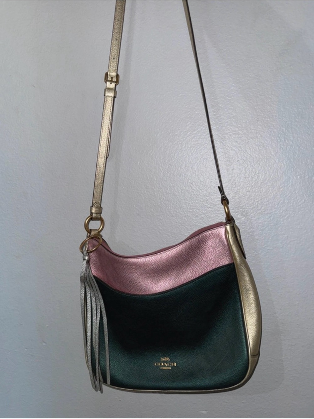 Coach Colorblock Leather Hobo Shoulder Bag in Pink, Green & Gold
